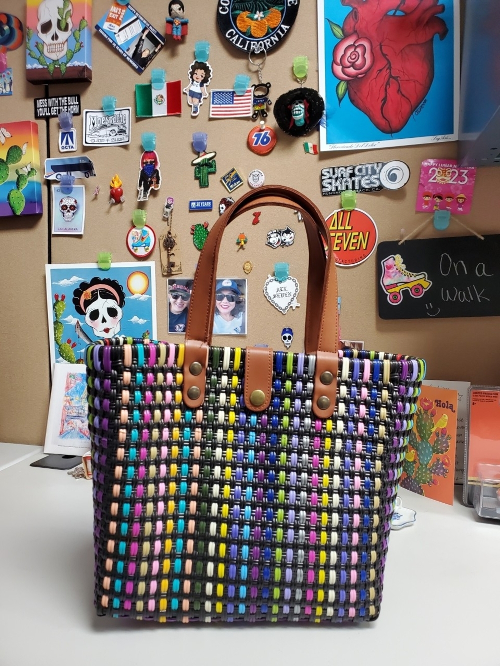 Multicolor Woven Tote Bag with Leather Handles